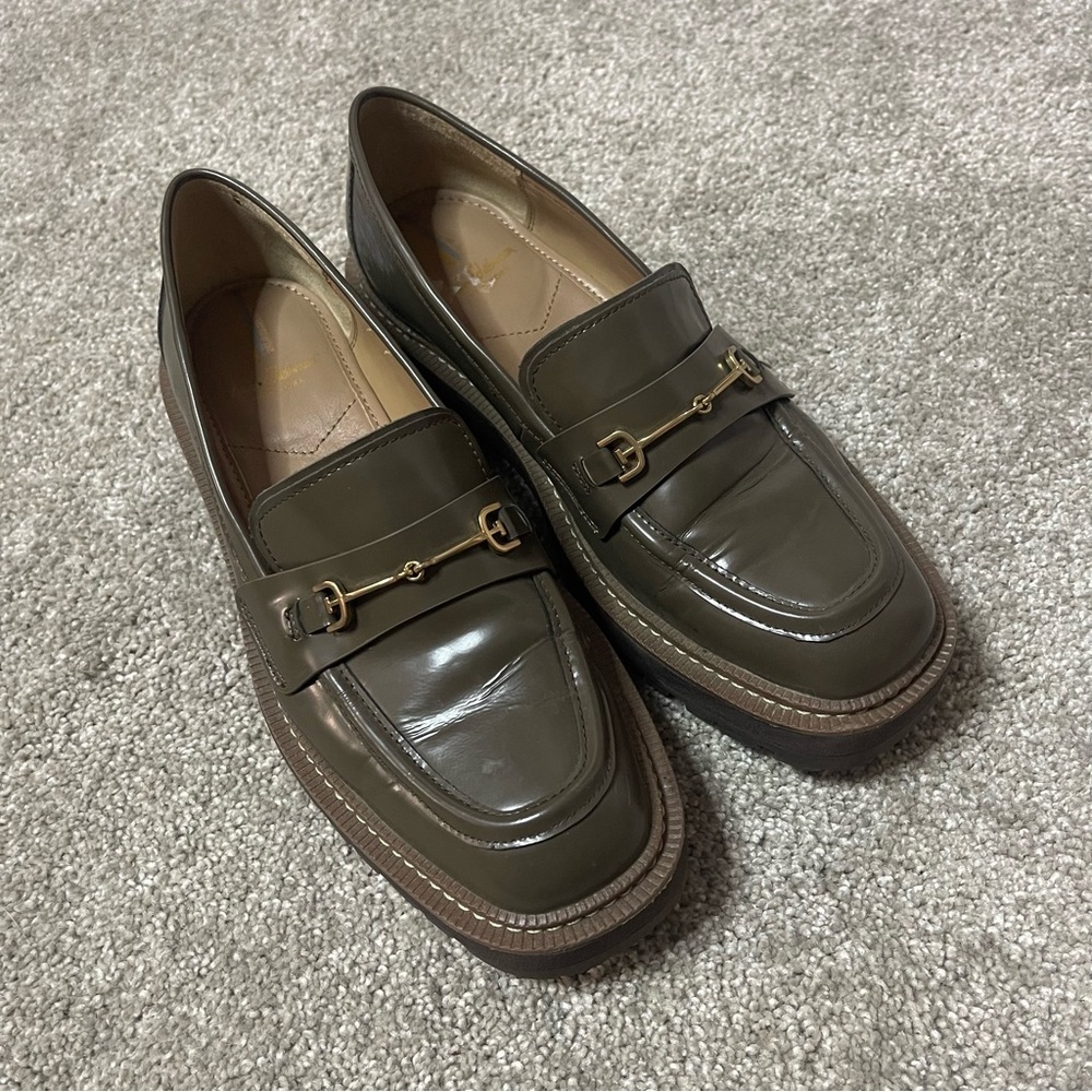 Delman Olive Green Loafers with Gold Accent